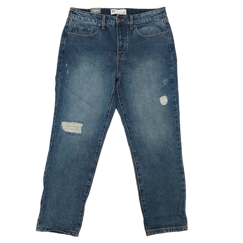 RSQ Womens Boyfriend Denim Jeans 9/W29 Button Tapered High Rise Medium Wash Blue